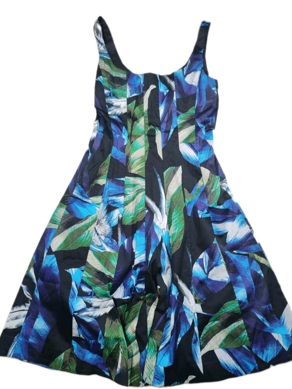NWT WHBM Green Blue Leaf Fit And Flare Cotton Sleeveless Midi Dress Size 4